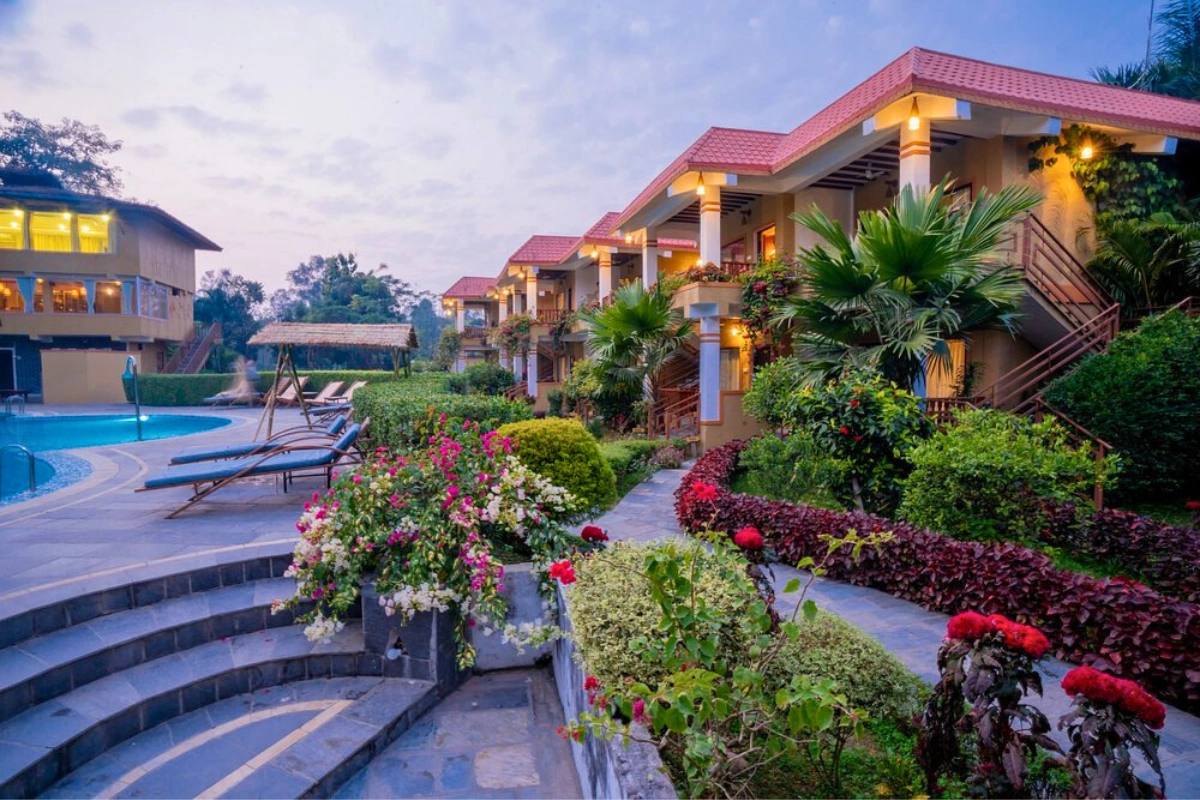 Book jungle hotel in Nepal swimming pool view